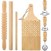Tioncy 7 Pcs Pasta Making Tool Set, Wood Gnocchi Board with Ravioli Stamp Ravioli Maker and Rolling Pin Homemade Gnocco Maker, Kitchen Gift for Home Cooks and Baking Lovers(Pattern Gnocchi Board Set)