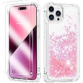 ANSHOW Compatible with iPhone 14 Pro Max Case Glitter, Shockproof Clear TPU Case with 2 Screen Protectors, Bling Light Pink Glitters for Women
