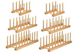 Lawei Set of 6 Bamboo Dish Rack - 3/6/8 Slots Wooden Plate Rack Stand Pot Lid Holder Dish Drying Rack for Dish, Bowl, Cup, Cu
