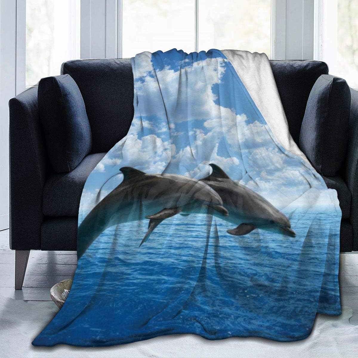 DUILLY Soft Fleece Throw Blanket,Dolphin Two Whales Jump With Sunlight