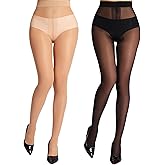 MERYLURE Sheer Black Tights for Women T-Crotch 20D Ultra Thin Pantyhose High Waist Stockings Reinforced Toes 2 Pairs