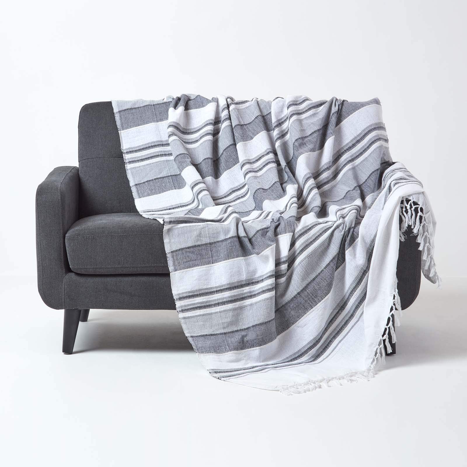 HOMESCAPES Large Charcoal Grey Throw “Morocco” Cotton Textured Stripe Throw 225 x 255 cm Bedspread Sofa Throw Handmade Suitable for 2 or 3 Seater Sofas or Double and King Size Beds Machine Washable