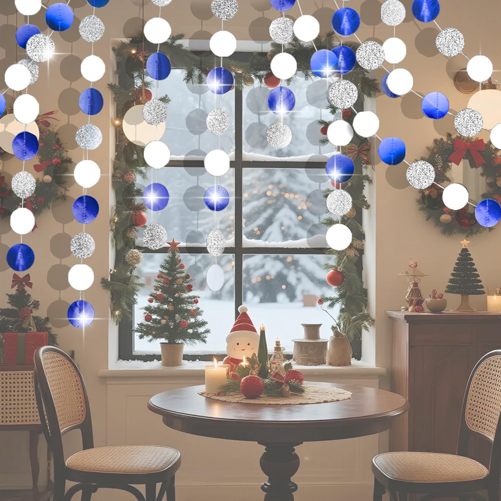 Hexizexi 78Ft Blue Circle Dot Streamers Garland Silver 6 Pcs 4m Polka Dots Streamer Holographic White Hanging Paper Garland for Wedding Baby Shower Birthday Party Decoration