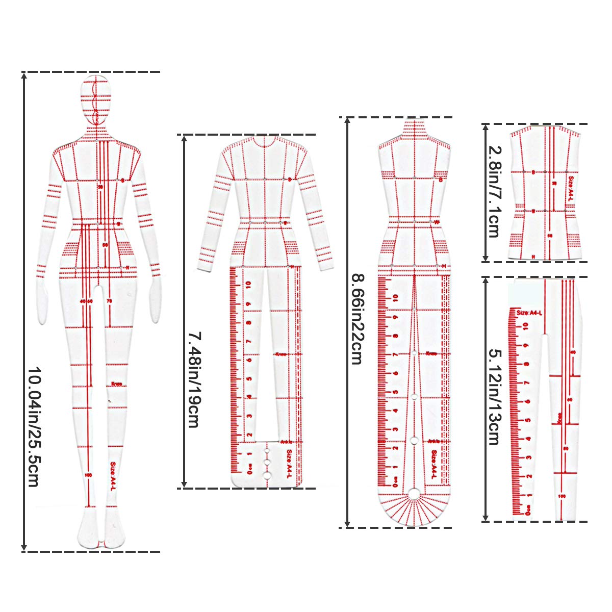 EXTCCT Fashion Drawing Template Ruler Set, Woman Sewing Humanoid Patterns Design, Clothing Measuring French Curve Rulers A4 Pattern Paper Draft Drawings