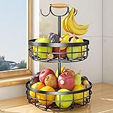 SAYZH 2-Tier Fruit Basket Bowl Vegetable Storage with 2 Banana Tree Hanger and Wood Lift Handle, Kitchen Countertop Metal Wire Basket for Bread Onions Potatoes (Black, 2 Tier)