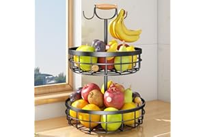 SAYZH 2-Tier Fruit Basket Bowl Vegetable Storage with Dual Banana Tree Hanger and Wood Lift Handle, Kitchen Countertop Metal Wire Basket for Bread Onions Potatoes (Black, 2 Tier)