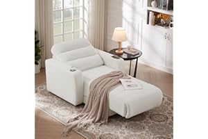 CHORLENIMI White Chaise Lounge Indoor, Electric Power Convertible Sleeper Chair Bed, Adjustable Backrest Lounge Sofa with Cup Holder and Wireless Charging Function, Comfy Chaise Lounge Chair for Bedroom
