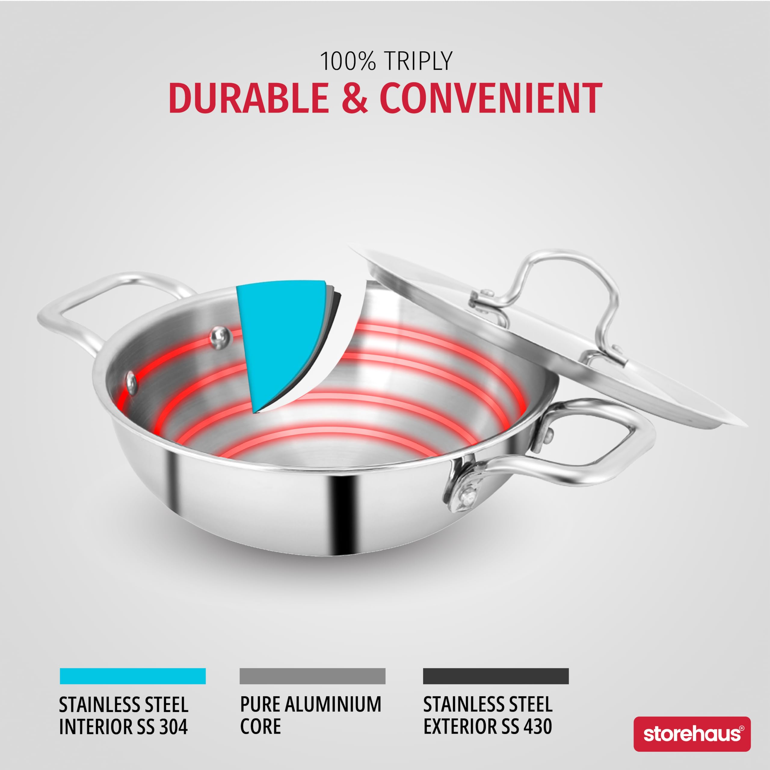 Storehaus Triply Stainless Steel 24 cm Deep Kadai with Lid, 3 L Capacity, Ideal for Curry/Stir Fry/Deep Fry, Broad Hold Handles, Smooth Surface, Induction & Gas Safe with 2 Years Warranty. 4