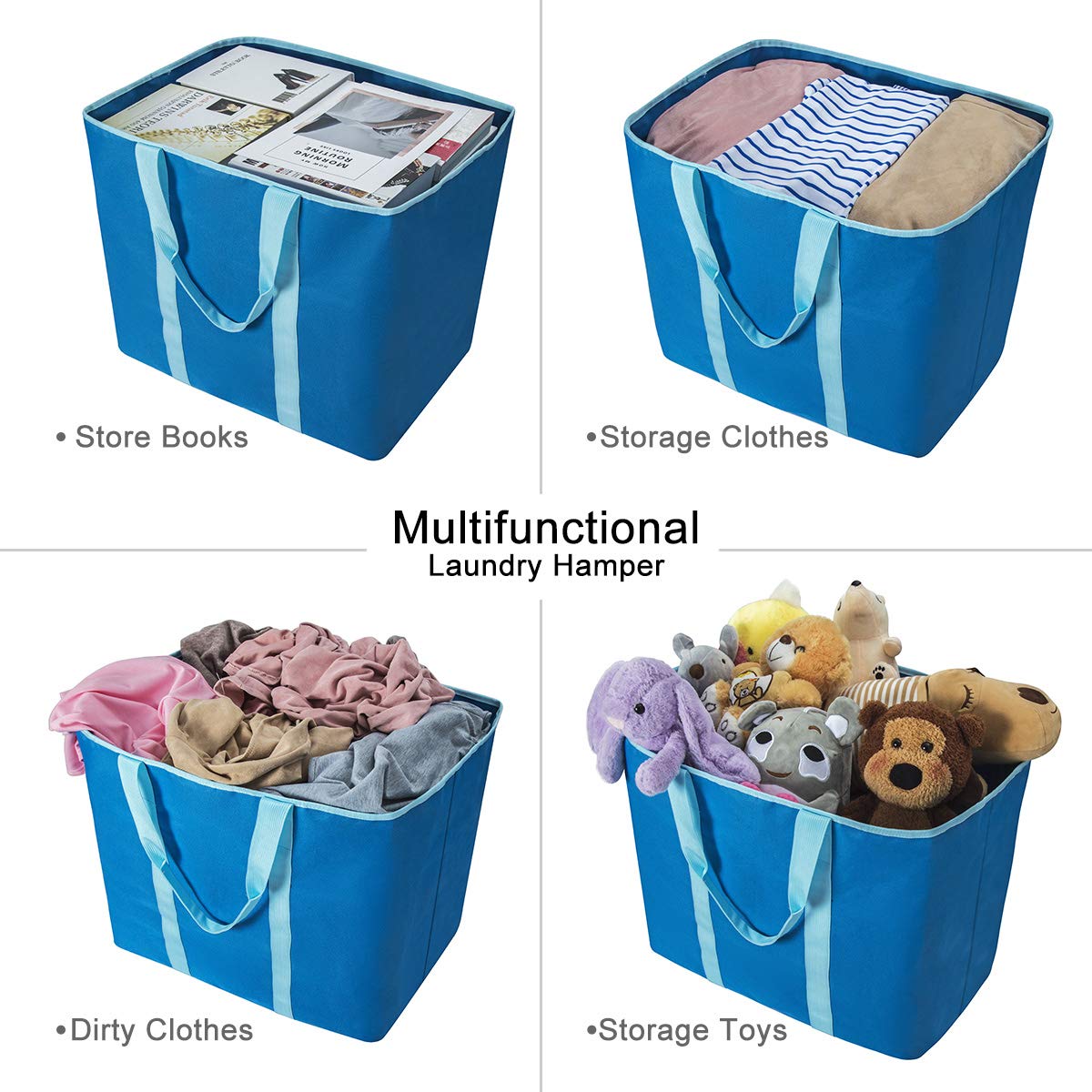 WISHPOOL Extra Large Laundry Basket Shopping Tote Bag Collapsible Laundry Hamper Handles Foldable Laundry Bags Standing Dirty Clothes Storage Organizer (Blue)