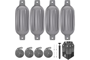 Dreizack Boat Fenders 4 Pack, Boat Bumpers for Docking with 4 Ropes, Inflatable Ribbed Marine Pontoon Boat Fender Bumper for Docks with 1 Storage Bag, 1 Air Pump and 4 Needles