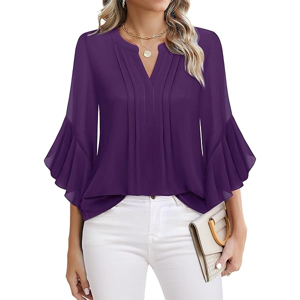 MULTIPLES Women's Flounce Sleeve Top - Three Quarter Sleeves, Wide Neck Slimsation Tummy Control