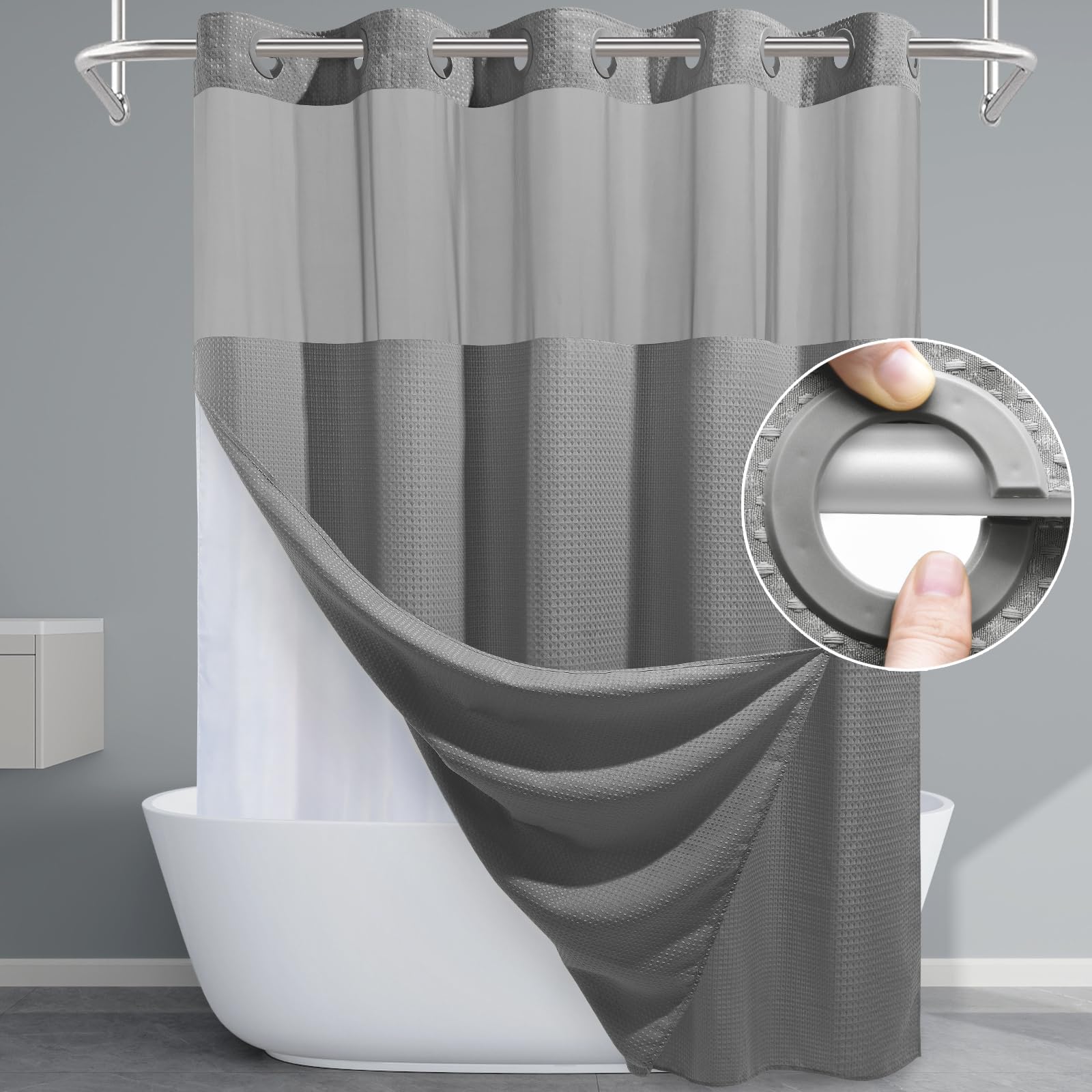 Photo 1 of EUTXL Grey Shower Curtain and Liner Set - 230GSM Waffle Weave Textured Heavy Duty,Hotel Luxury Weighted Bath Curtain,71W x 74H