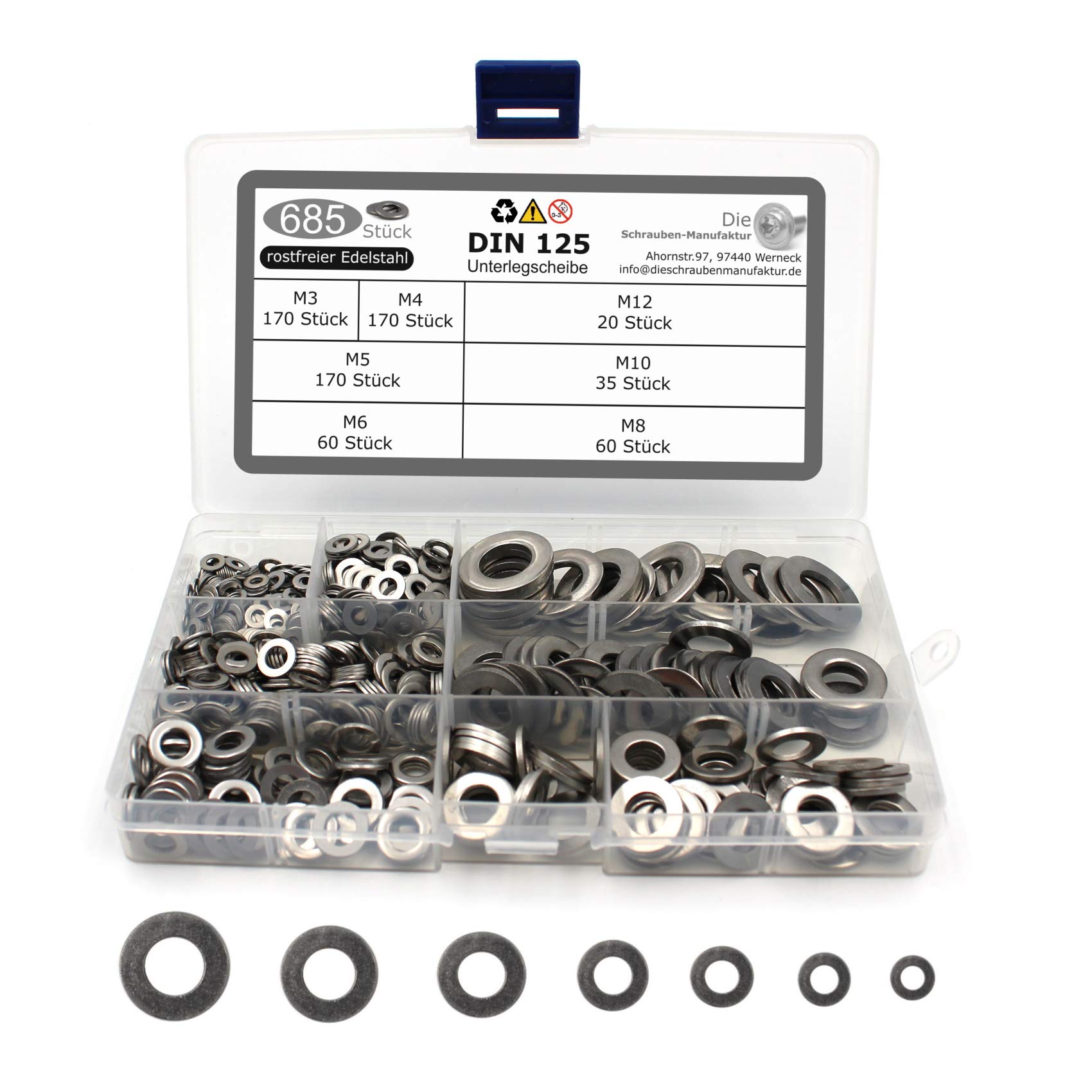 685-Piece Set of Washers Form A without Chamfer in Accordance with DIN 125 / ISO 7089 Standard Design Stainless Steel A2 V2A, Washers Sizes M3 M4 M5 M6 M8 M10 M12