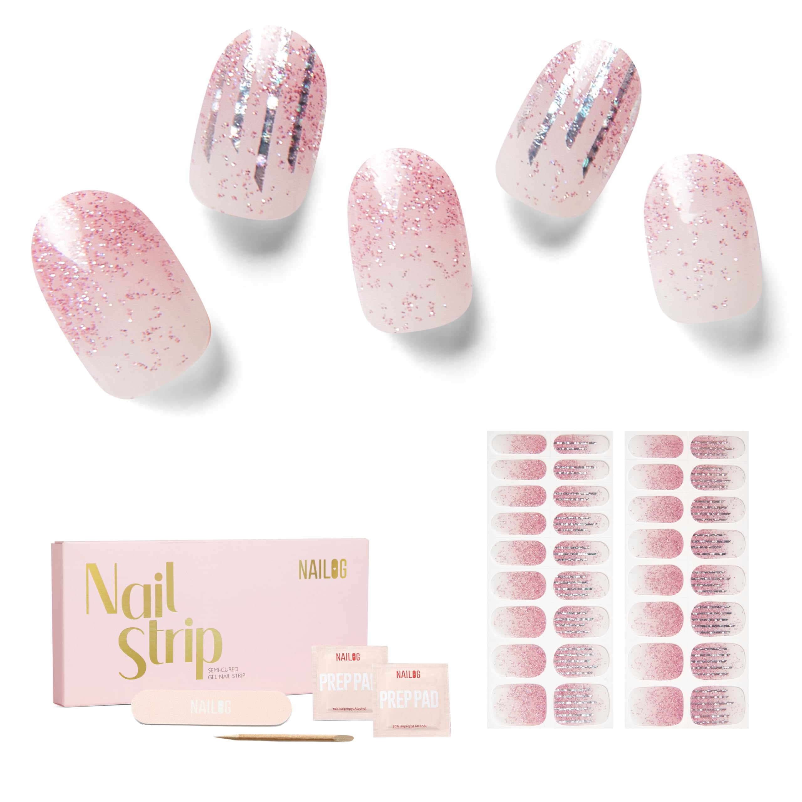 NAILOG Semi Cured Gel Nail Strips, 34 pcs Salon-Quality Gel Nail Stickers, Long Lasting Nail Wraps for Women with Soft Gel Finish, Vintage Print & Silver Glitter (Pink Lane)