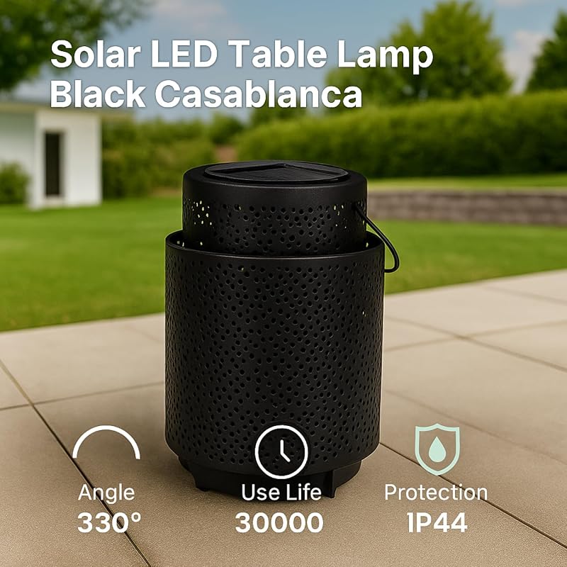 - Lampe solaire LED de table Casablanca Noir, lumière chaude 2500K, dimmable, résistante à l’eau IP44, batterie intégrée, idéale pour terrasse et jardin.