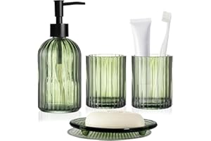 Green Bathroom Accessories Set, Clear Glass Bathroom Accessory Sets Complete Includes Soap Dispenser, Toothbrush Holder, Mout