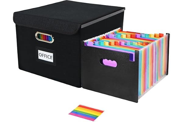 File Organizer Box with 25-Pocket Accordion Folder & Protective Lid | Black File Storage Box with Lid, Portable Document Orga
