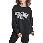 DKNY womens Blouson Sleeve Drop Shoulder Rhinestone Logo Graffiti Pullover Sweatshirt