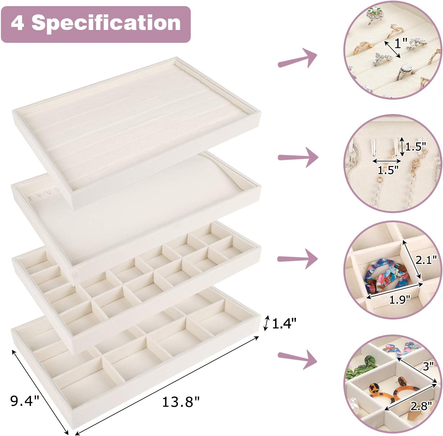 Mebbay Stackable Velvet Jewelry Trays Organizer, Jewelry Storage Display Trays for Drawer, Earring Necklace Bracelet Ring Organizer, Set of 4 (Warm White): Home Improvement