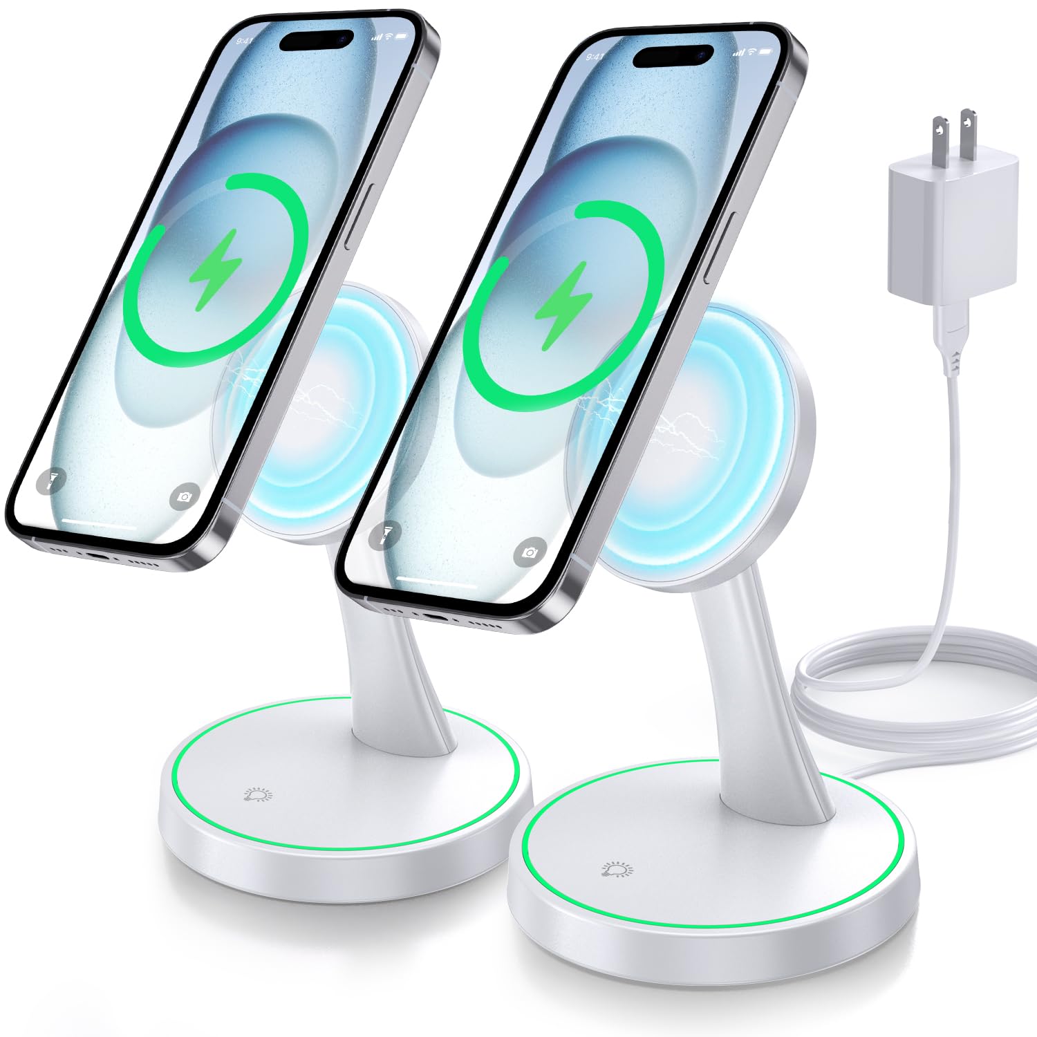 Photo 1 of 2 Pack Magnetic Wireless Charger Stand 15W Fast Mag-Safe Charger for iPhone iPhone 17 /17 pro/ 17 Air/ 17 pro max 16/15/14/13/12 Series Magnet Wireless Charging Station with Light for AirPods
