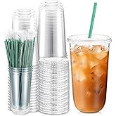 Baderke 50 Sets Clear Plastic Cups with Lids and Straws Disposable Plastic Iced Coffee Cups for Cold Beverage Juice Smoothie Coffee and Party Catering (20 oz)