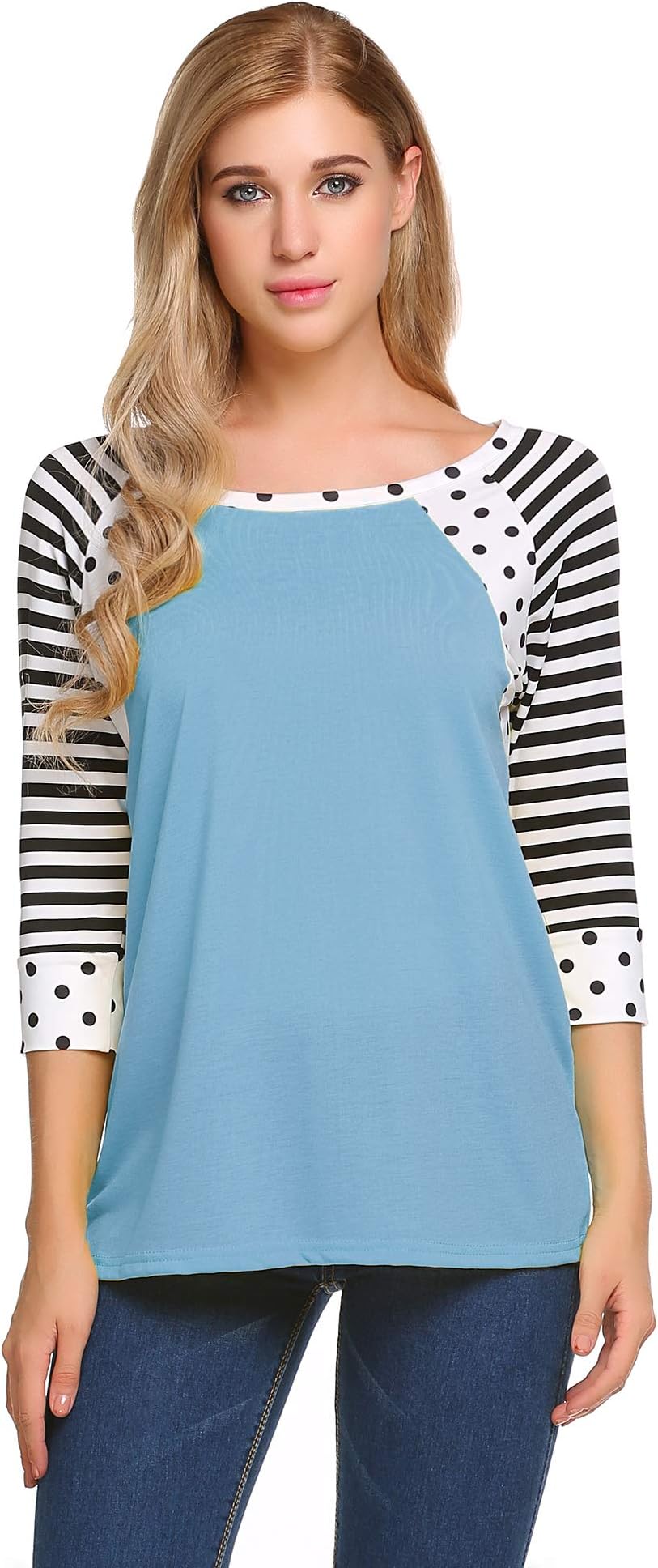 SoTeer Women's Polka Dots Shirt Striped 3/4 Sleeve Casual Scoop Neck Tops Tee (8 Colors S-XXL)