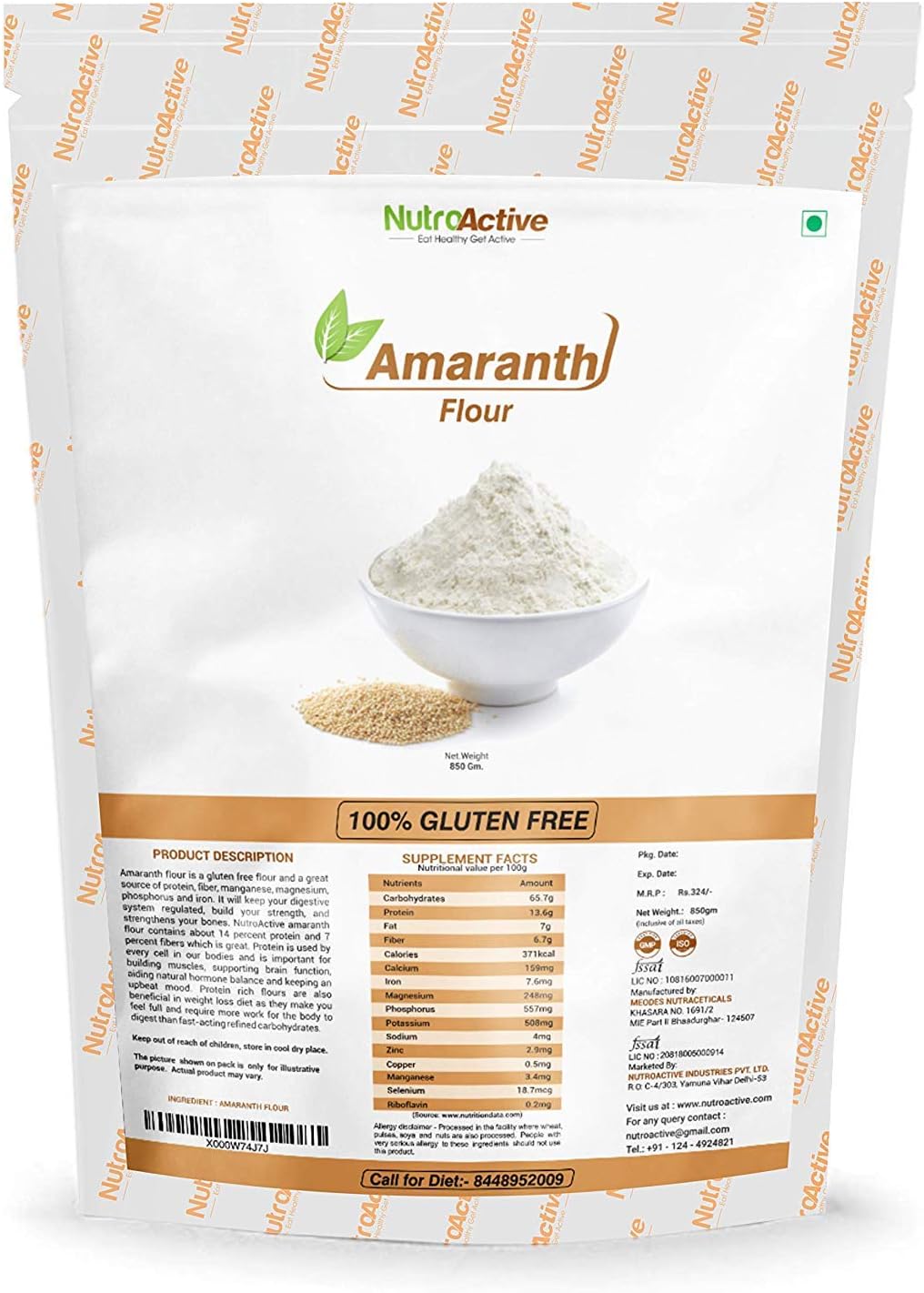 NutroActive Gluten-free Amaranth Flour (Rajgira Atta) - 850 gm (29.98 oz)