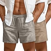 Locoowai 2 Pack Men's Big and Tall Linen Shorts, Drawstring Beach Shorts with Pockets Cotton Elastic Waist Vacation Clothes