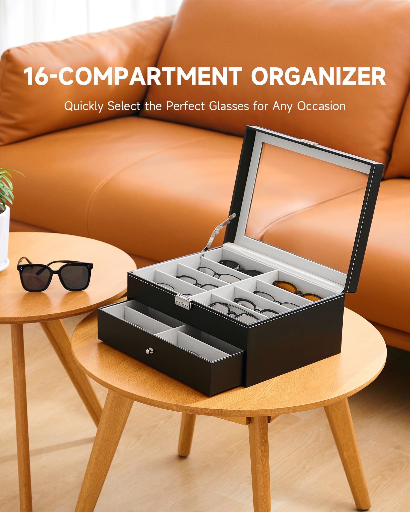 CO-Z 16 Compartment Sunglasses Organizer, Leather Eyeglasses Storage Box for Women Men, Lockable Eyewear Display Case with Drawer, Glasses Holder with 16 Slots for Watches Jewelry Collection, Black