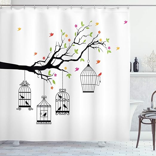 Amazon Com Ambesonne Birds Shower Curtain Floral Colorful Tree