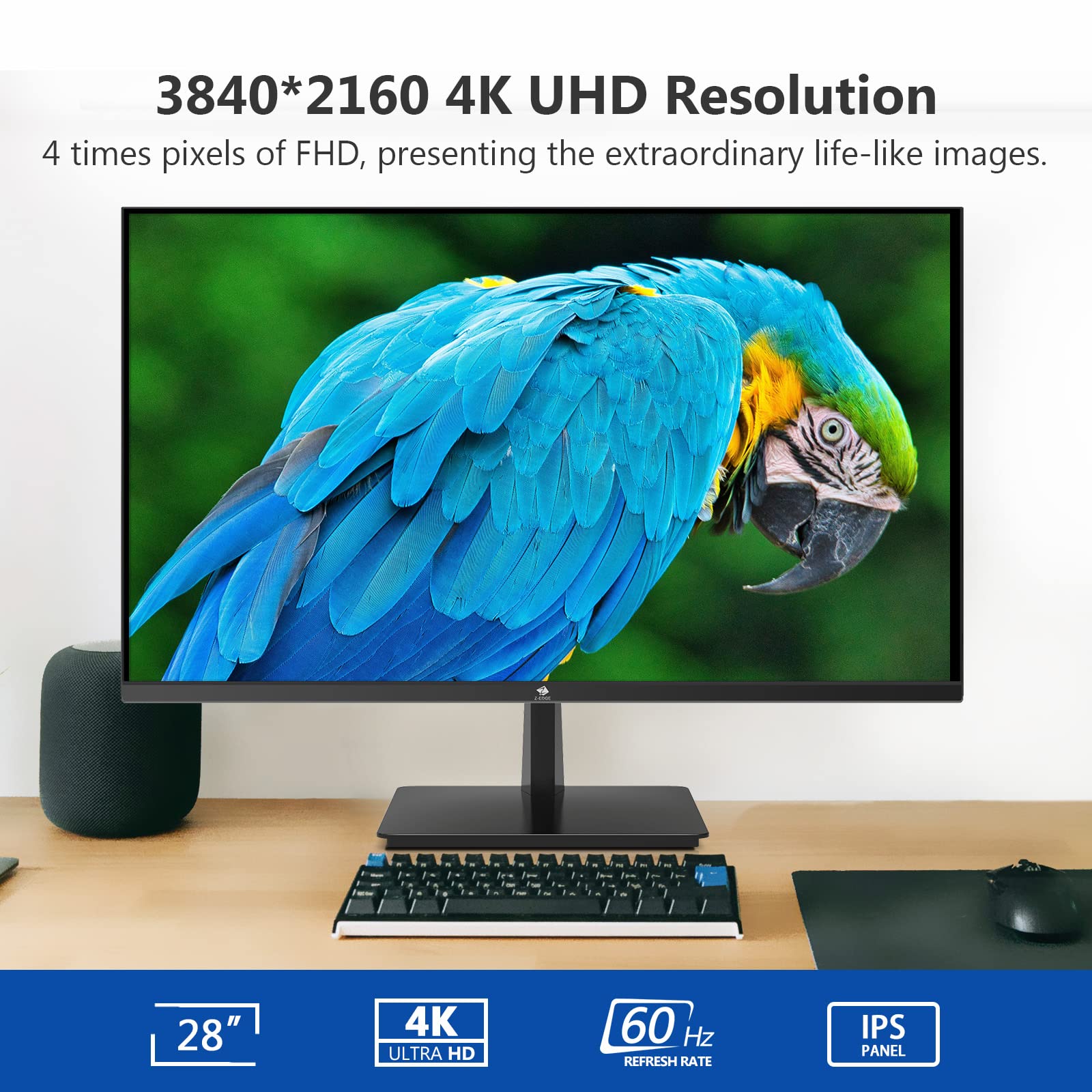 Z-Edge 4K Monitor, 28inch IPS Monitor Ultra HD 3840x2160 IPS Gaming Monitor, 300 cd/m², 60Hz Refresh Rate, 4ms Response Time, U28I4K