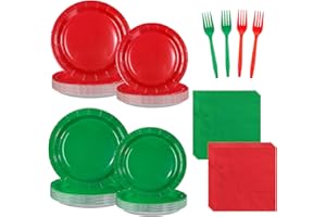 Greencian 96 Pcs Christmas Red and Green Party Decorations Red and Green Paper Plates and Napkins Disposable Tableware Set for Christmas Xmas Holiday Birthday Party Supplies Serves 24