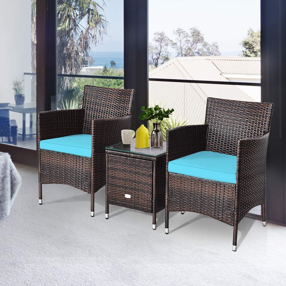 Tangkula Patio Furniture Set 3 Piece, Outdoor Wicker Rattan Conversation Set with Coffee Table, Chairs & Thick Cushions, Suitable for Patio Garden Lawn Backyard Pool: Garden & Outdoor
