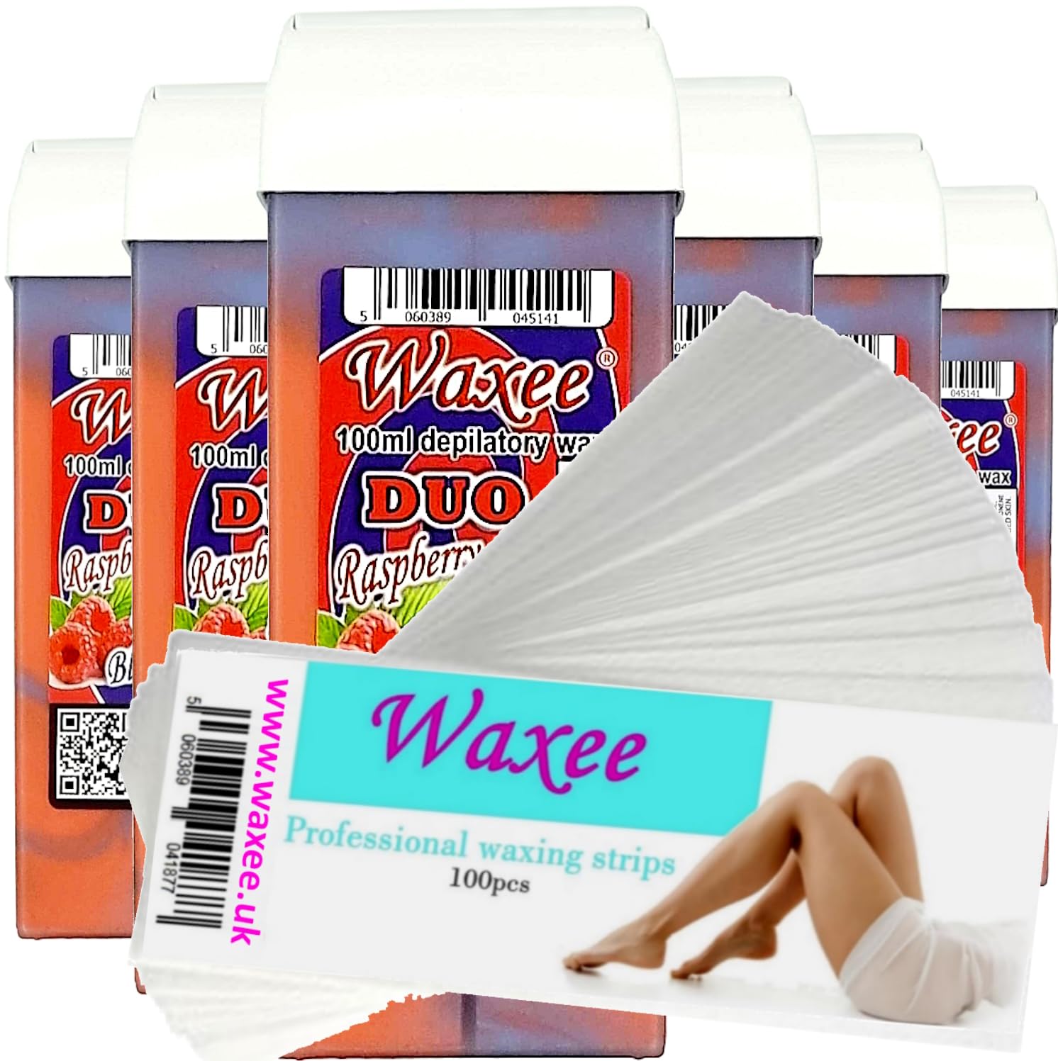 Roll on wax roller wax cartridge 100ml- Waxee DUO wax refill 6pcs+ 100 waxing strips (DUO- Raspberry & Blueberry)