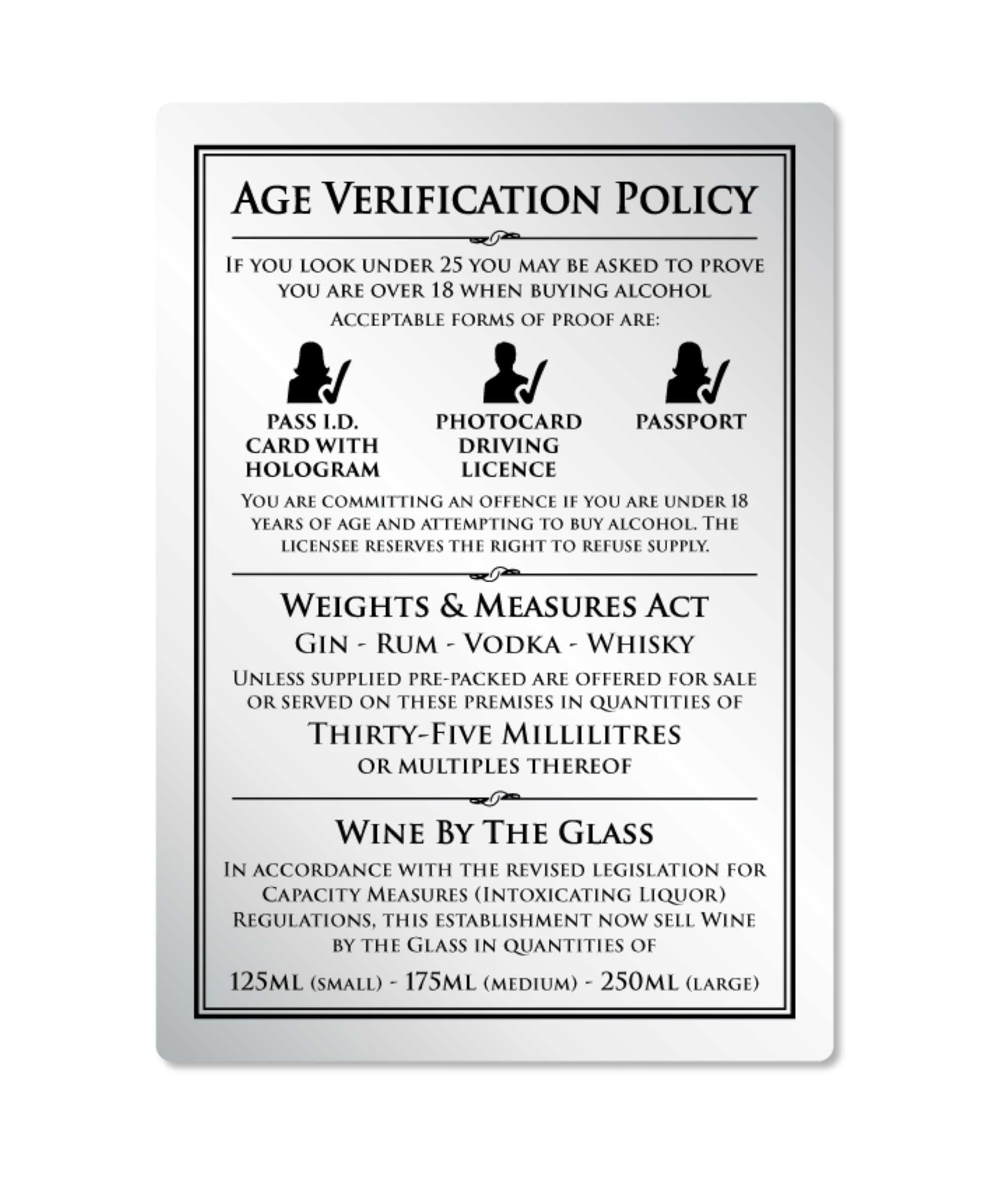 35ml 3 in 1 Alcohol Law Sign Pub Bar Restaurant Licensing Notice Under Age Wine
