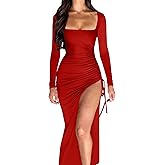 GOKATOSAU Women's Square Neck Long Sleeve Split Drawstring Bodycon Ruched Long Maxi Dress