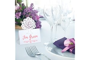 LEMESO 60 Pcs Place Cards Name Tags Seating White Writable Table Tent Cards, Life Tree Pattern Wedding Place Cards, Customers