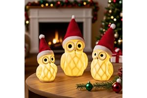 NEROSUN Christmas Lighted Owl Figurines, 3 Pack Ceramic White Light Up LED Owl Family Ornaments Table Centerpiece, Christmas Decorations for Tabletop Mantel Fireplace Cabinet Indoor Xmas Decor Gift
