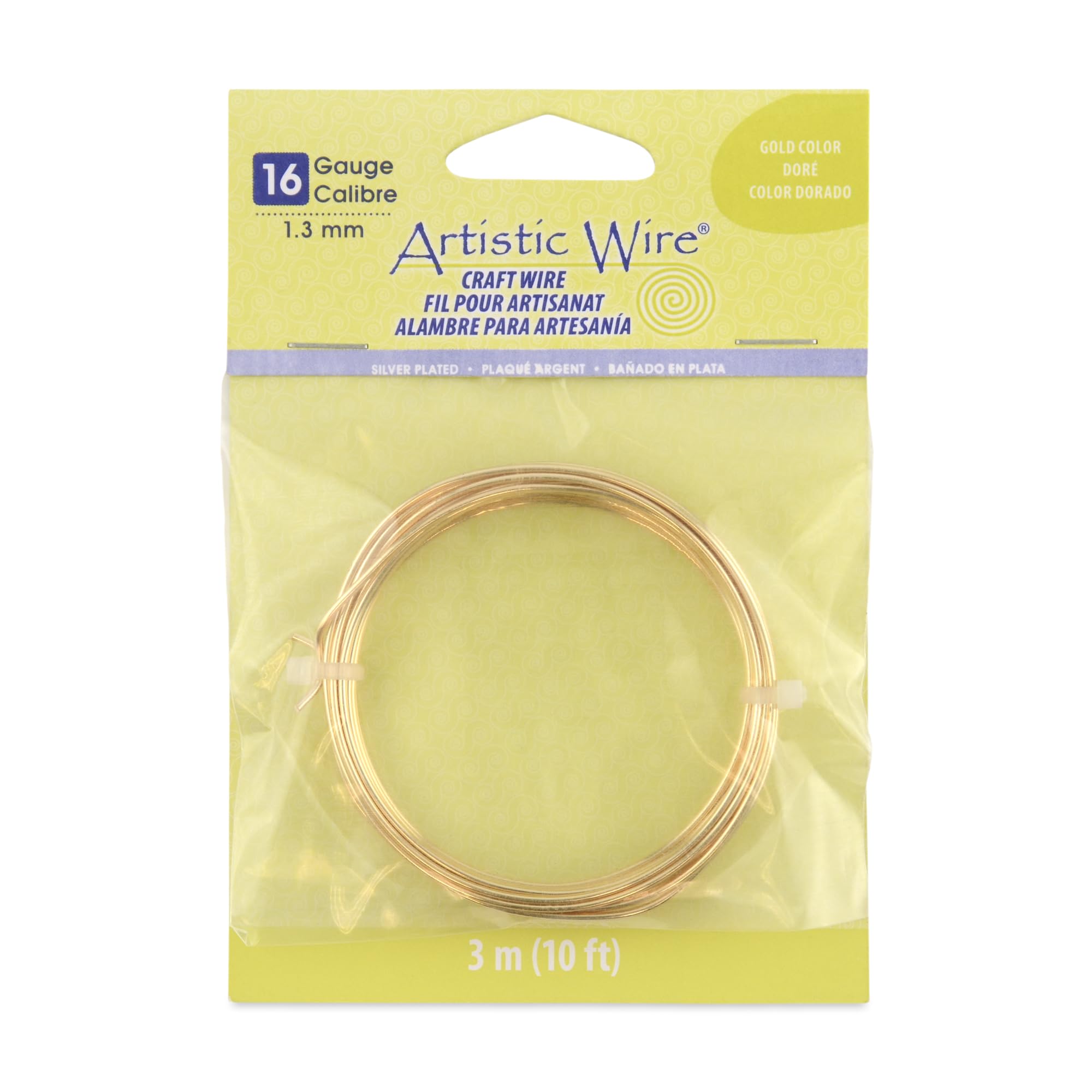 Artistic Wire 16 Gauge / 1.3 mm Silver Plated Tarnish Resistant Colored Copper Craft Wire, 10 ft / 3.1 m, Gold