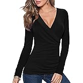 Afibi Womens Slim Fitted Deep V Neck Cross Wrap Top Long Sleeve T-Shirts