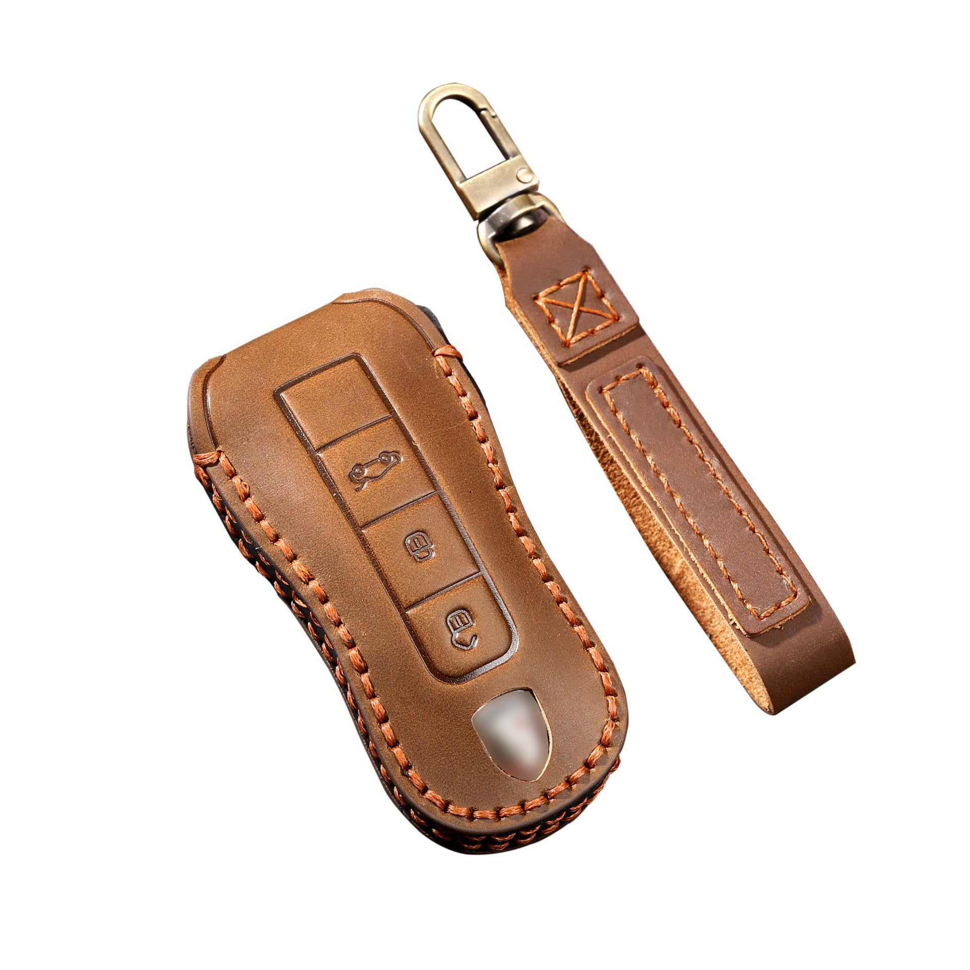 ontto Leather Car Key Case Fits Porsche Cayenne Panamera 911 Carrera Taycan 2019-2020 Remote Control Cover Key Case Key Fob Key Protection 3 Buttons Brown B