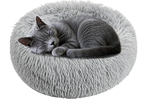 RAINFLOW Cat Bed - Calming Cat Bed for Small Kittens Donut Washable Round for Indoor Kittens and Puppies, Anti-Slip Round Fluffy Plush Faux Fur, Small, Light Grey