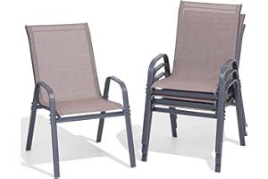 Dovov Patio Chairs Set of 4, Easily Set Up Stackable Outdoor Dining Chairs with High Back and Wide Seat, All Weather Breathable Outdoor Chairs Set of 4 with Metal Frame for Backyard Deck Pool, Brown