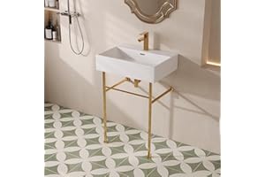 DeerValley 24"x17" Console Bathroom Sink, Free Standing 30 Inch Stainless Steel Support Pedestal Legs, Wall-Mounted White Ceramic Basin, Modern Rectangular Sink Porcelain, Gold