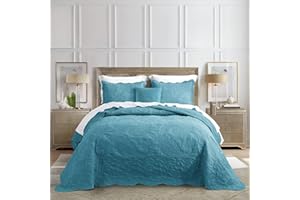 HZ & HY Oversized King Bedspread 128x120 Extra Wide - Paisley Pattern Quilt Set - Gorgeous & Elegant Style Bedding Coverlets, Reversible, Lightweight, 5 Piece, King/Cal King, Lagoon Blue