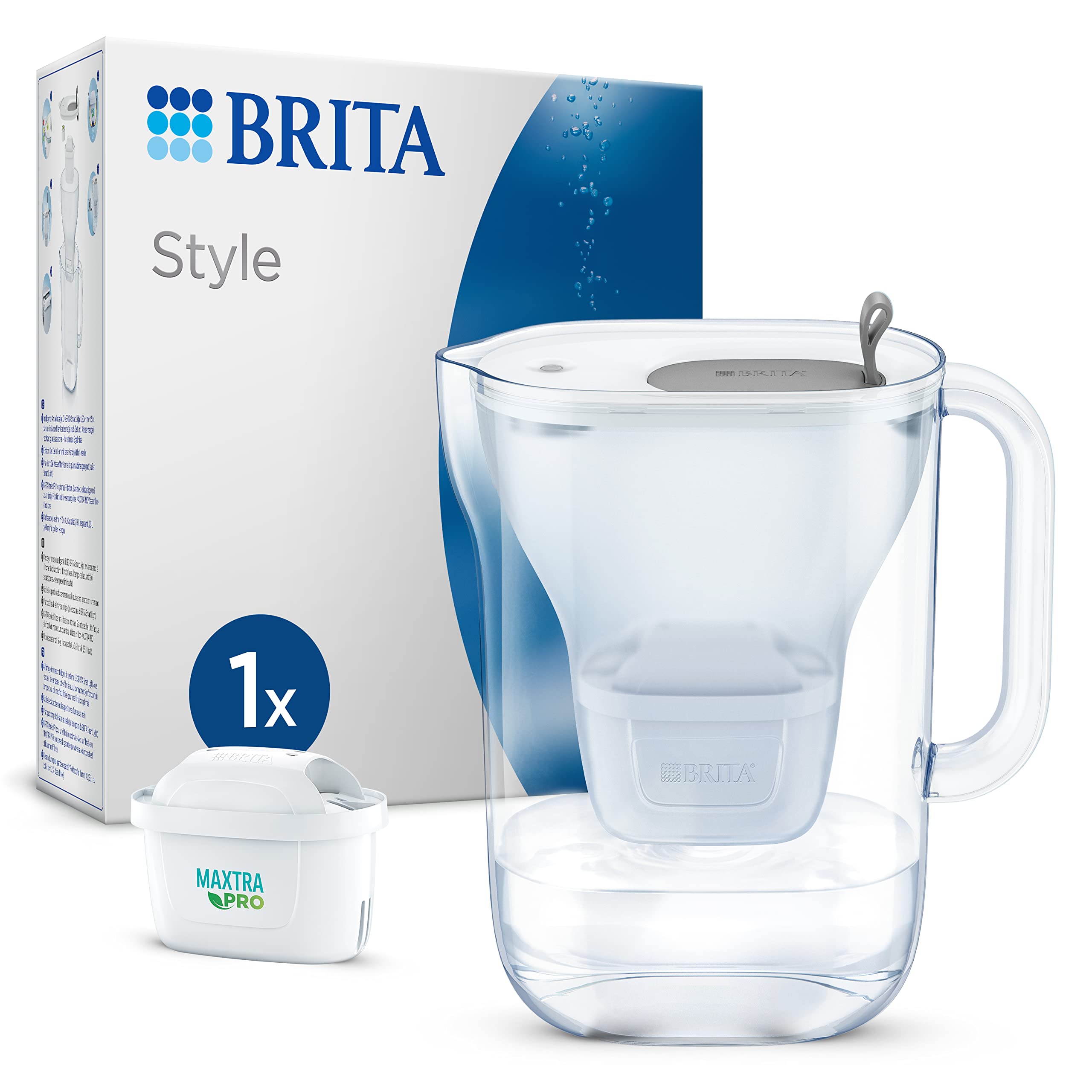 BRITA Style Water Filter Jug Grey (2.4L) incl. 1x MAXTRA PRO Pure Performance cartridge - fridge-fitting design jug with smart LED-LTI and Flip-Lid - now in sustainable Smart Box packaging