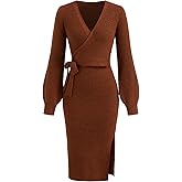 CIDER Women's Wrap Knit Dress Long Sleeve Tie Waist Midi Sweater Dress