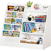 Lerliuo 4 Tier Kids Bookshelf and Storage Organizer, Five Layer Sling Children Bookcase, Baby Toddler Wooden Book Shelf, Display Cabinet for Playroom, Bedroom, Classroom, Nursery, School (White)