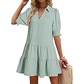 Dokotoo Casual Dresses for Women Lapel Collared V Neck Mid Sleeved Pleated Summer Dresses for Women 2026 Midi Dresses