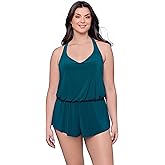 Aqua Green Womens V-Neck Full Coverage Racerback Swim Romper with Pockets